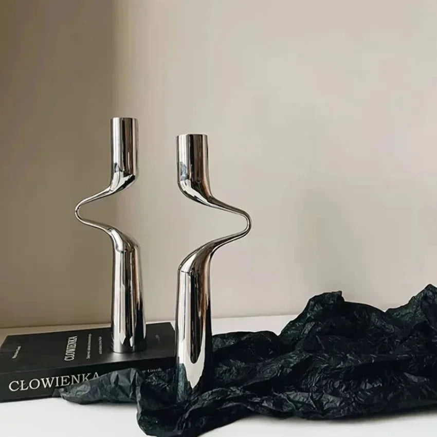 bougeoir en métal argenté candélabre de luxe double tête décoratif - vue 3 sur 9