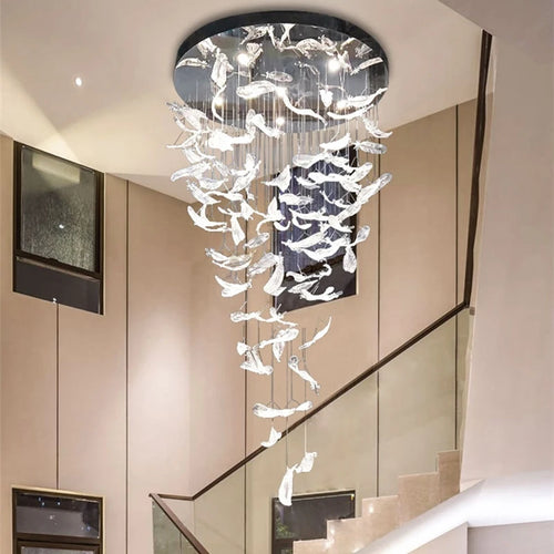 lustre plume en cristal led moderne en acier inoxydable - vue 2 sur 8