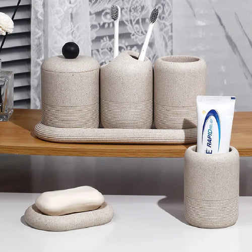 kit moderne d'accessoires de salle de bain en sable et gravier - vue 2 sur 18