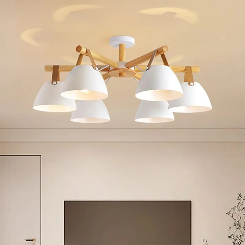 Plafonnier LED en bois avec ceinture en cuir - vue 3 sur 12