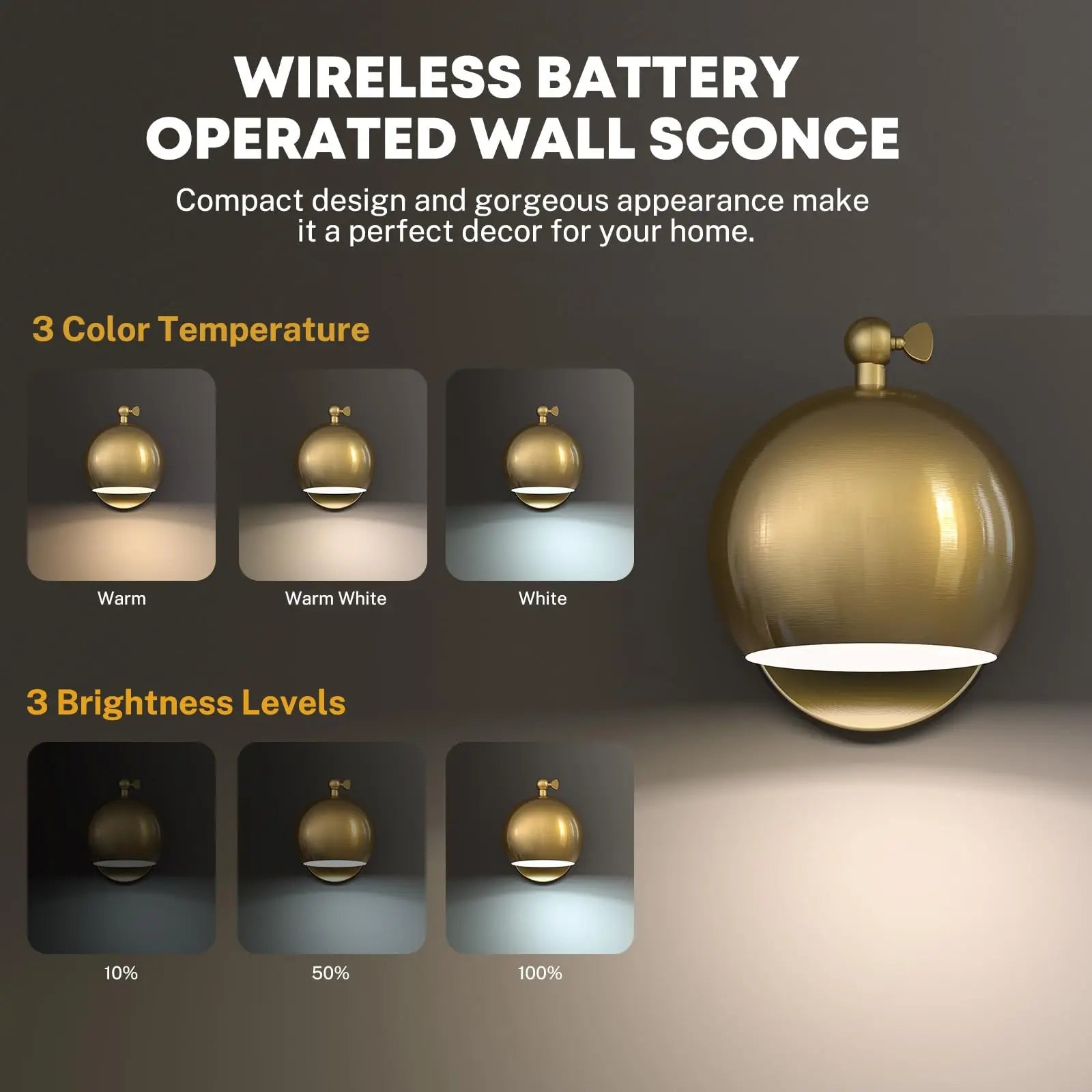 Gold Wall Sconces Battery Operated, Not Hardwired Dimmable, Battery Wall Sconce Wireless Wall Lamp for Bedroom, Bulb Included - vue 4 sur 7