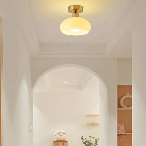 Plafonnier LED en verre nordique rétro crème décor lampe or E27 éclairage pour allée couloir salon luminaires d'intérieur Lustre - vue 3 sur 9