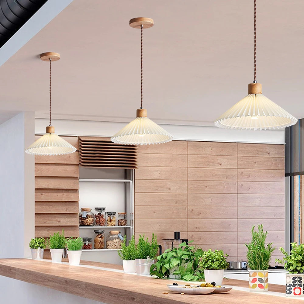 lustre led moderne avec abat-jour plissé suspendu - vue 2 sur 8