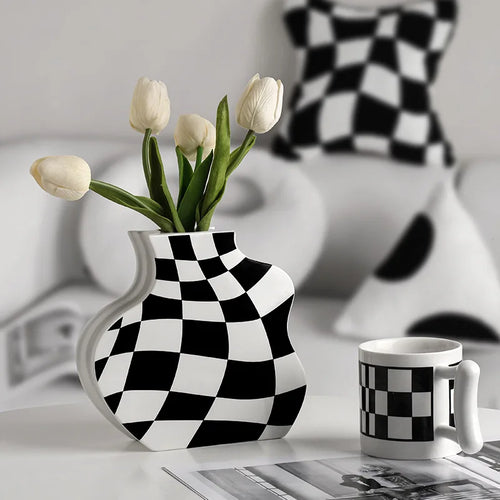 vase en céramique damier pour fleurs séchées décoration élégante - vue 4 sur 10