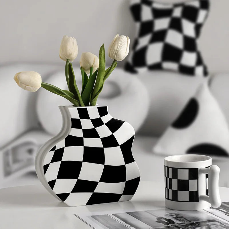 vase en céramique damier pour fleurs séchées décoration élégante - vue 3 sur 10