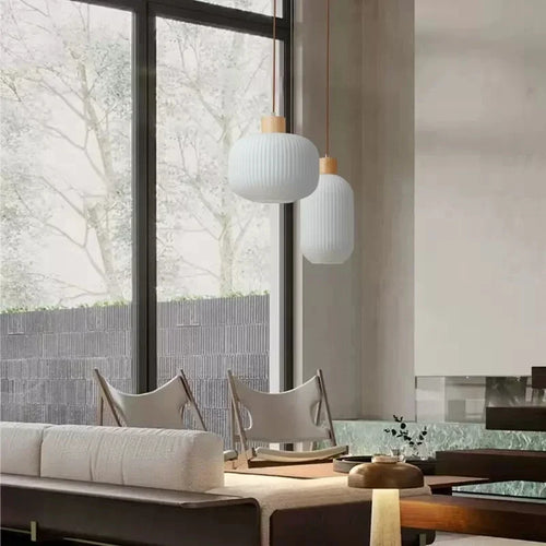 Suspension à rayures en verre blanc nordique lustre de Restaurant en bois Simple pour salle à manger cuisine chevet lampe suspendue au plafond - vue 3 sur 9
