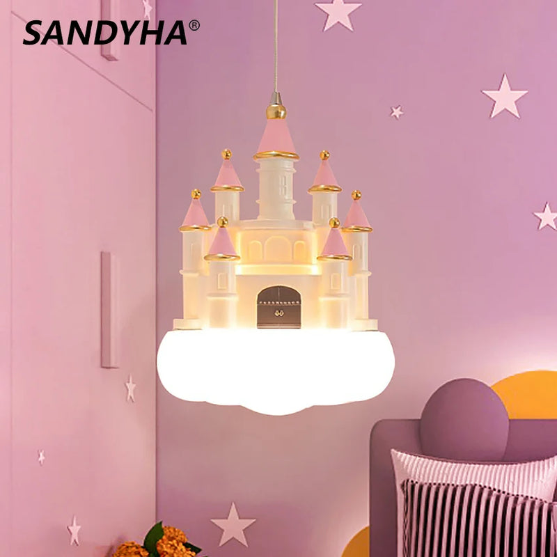 SANDYHA Lustre Chambre de Fille Château Rose Suspension Nuage Chambre d'enfant Décoration de la Maison Chevet LED Luminaire Suspendu