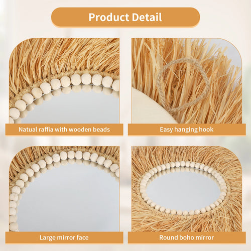 miroir décoratif en perles de bois de raphia fait main style bohème - vue 5 sur 6