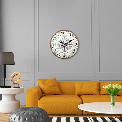 horloge murale en bois motif boussole rétro décoration silencieuse - vue 7 sur 7