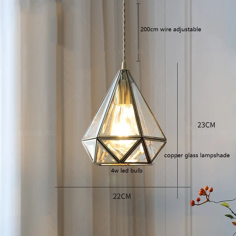 Suspension vintage en cuivre avec abat-jour en verre fait main - vue 10 sur 21