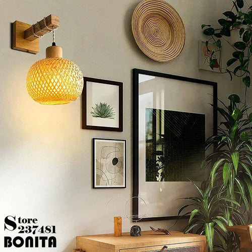 applique murale en rotin et bois style japonais décoration intérieure - vue 7 sur 8