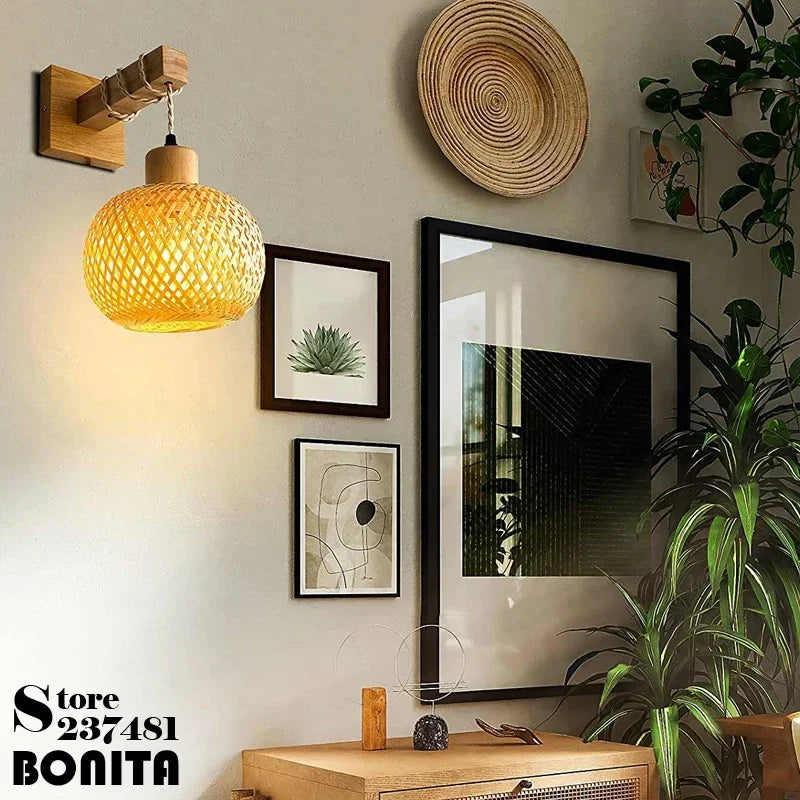applique murale en rotin et bois style japonais décoration intérieure - vue 7 sur 8