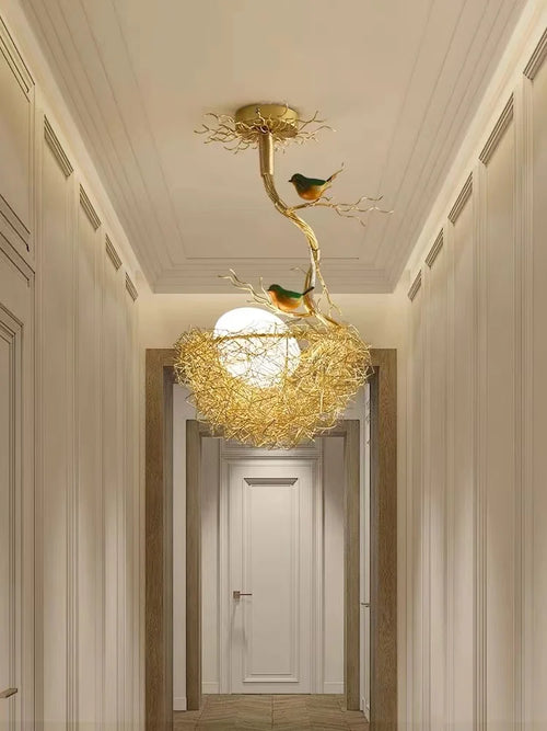 lustre led moderne en forme de nid d'oiseau avec boule de verre - vue 7 sur 14