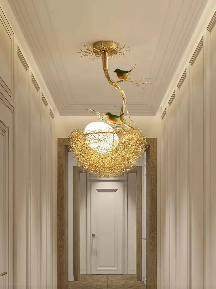lustre led moderne en forme de nid d'oiseau avec boule de verre - vue 6 sur 14