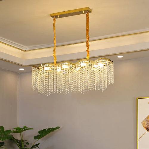 lustre moderne en cristal doré haute suspension design élégant pour intérieur - vue 3 sur 9