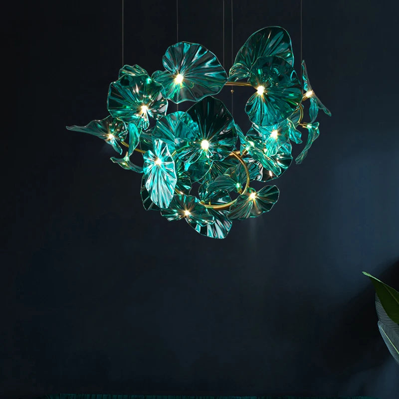 lustre artistique avec feuilles de verre suspendu led pour hôtel - vue 3 sur 13