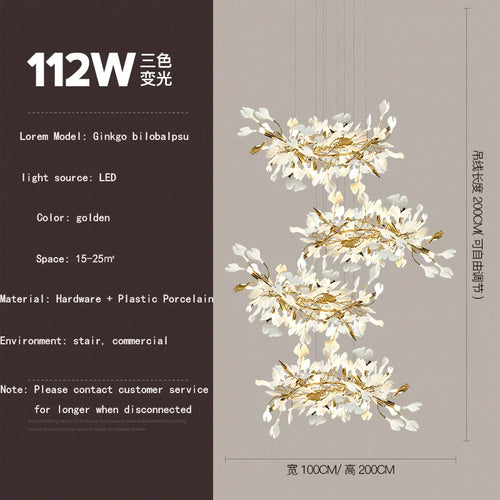 Ginkgo feuille cage d'escalier long lustre lumière atmosphérique villa de luxe duplex bâtiment loft hall d'hôtel lampes d'art créatives - vue 12 sur 20