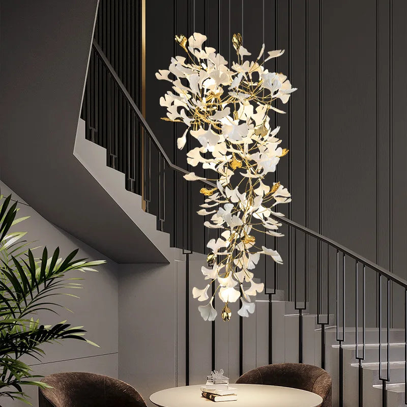 Ginkgo feuille cage d'escalier long lustre lumière atmosphérique villa de luxe duplex bâtiment loft hall d'hôtel lampes d'art créatives - vue 5 sur 20