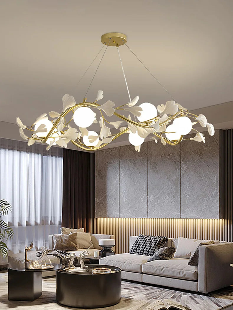 lustre en feuilles de ginkgo avec éclairage led décoratif moderne - vue 5 sur 8