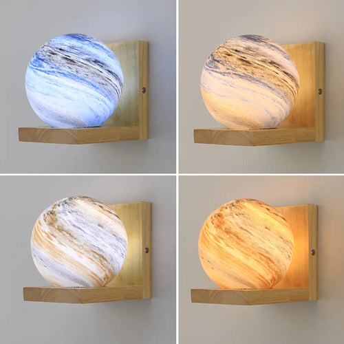 applique murale moderne en bois avec abat-jour planète led - vue 4 sur 8
