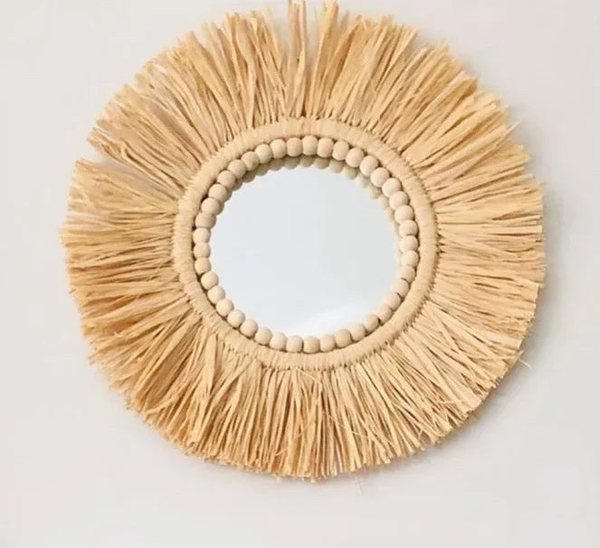 miroir décoratif bohème en paille tissée romantique pour mariage - vue 12 sur 13