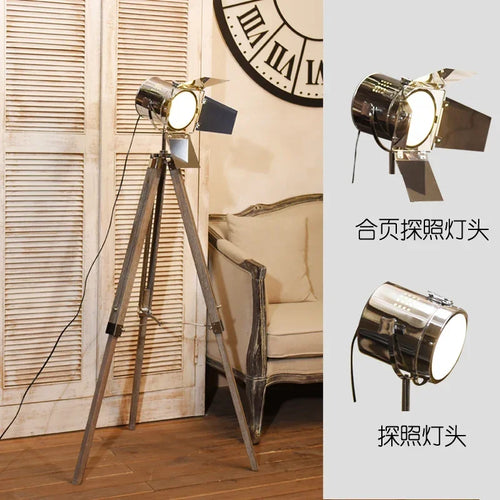 lampe de sol industrielle en bois avec trépied vintage réglable - vue 4 sur 9
