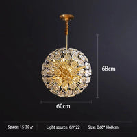 lustre suspendu en cuivre avec cristaux de pissenlit rond