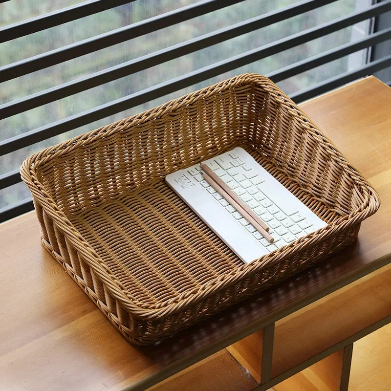 plateau de service en rotin panier tressé avec poignées pour rangement - vue 4 sur 11