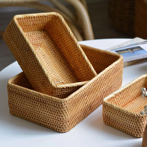 paniers rectangulaires en rotin tissés à la main pour rangement et décoration - vue 2 sur 8