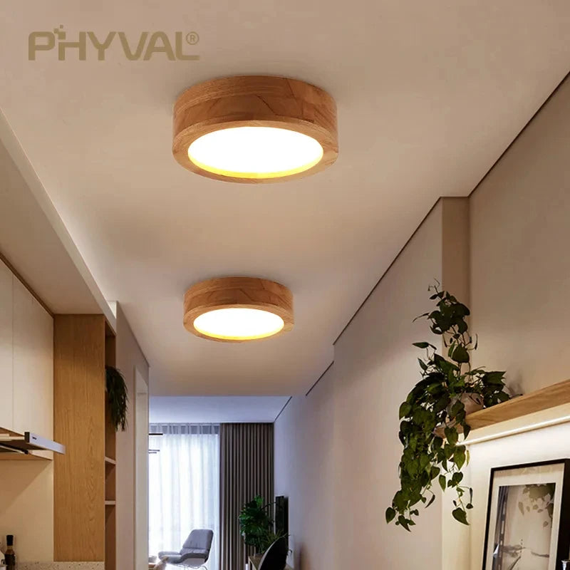 Plafonnier led design nordique en bois naturel montée en surface - vue 5 sur 10