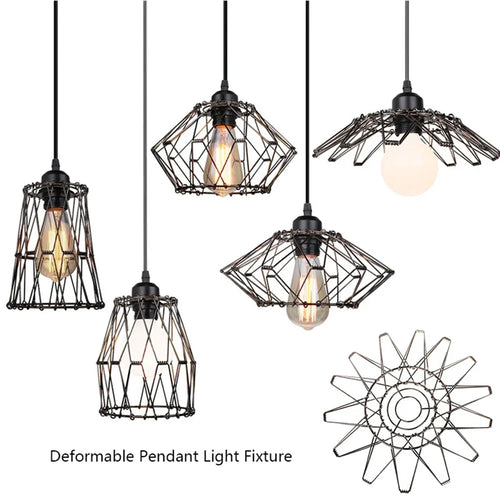 Pendant Light,Industrial Ceiling Pendant Light Fixtures Metal Lampshade,Deformable Geometric Cord Adjustable Folding Cage E27 - vue 2 sur 7