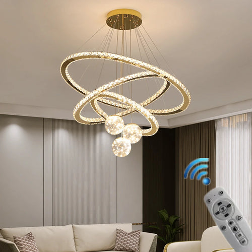 lustre led moderne en cristal doré anneau étoile boule de verre - vue 2 sur 13