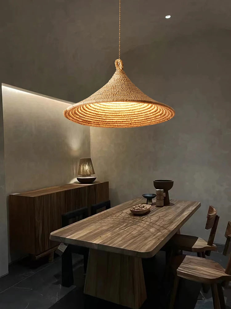 Lustre de style japonais tressé en rotin clair - vue 2 sur 10