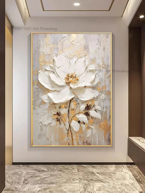 Tableau peinture à l'huile épaisse fleurs blanches abstraites décoration murale luxe - vue 5 sur 11