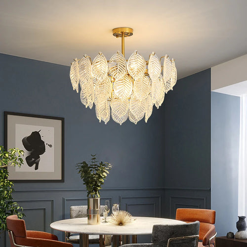 lustre moderne en verre suspendu avec décoration de feuilles - vue 3 sur 11