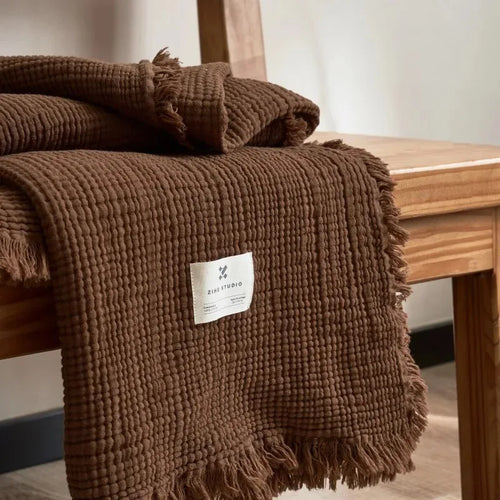 plaid coton mousseline 4 plis pompons léger salon