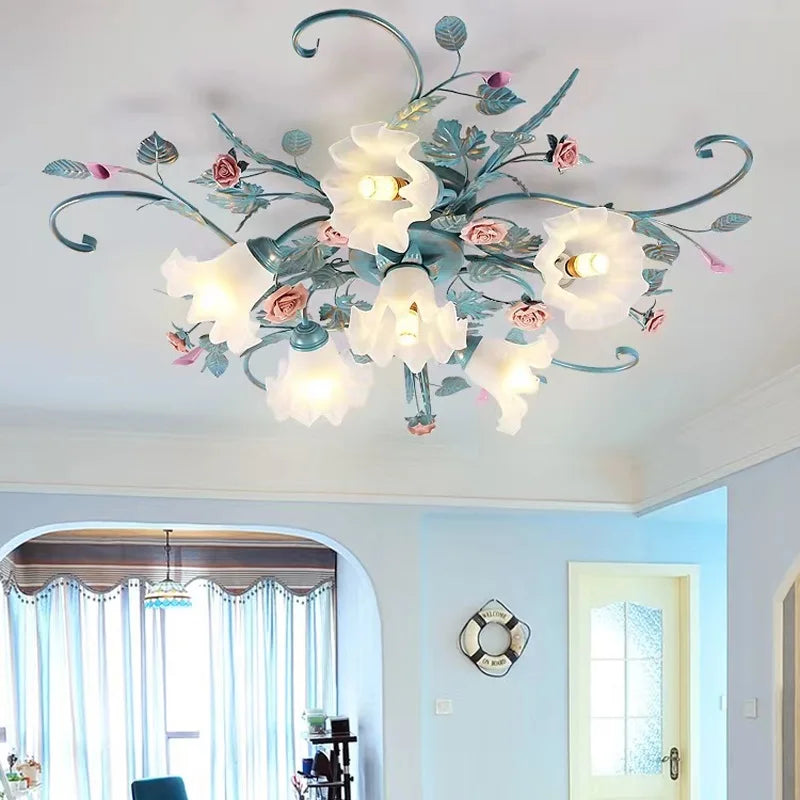plafonnier led en fer fait main avec fleur de rose style américain coréen - vue 5 sur 10