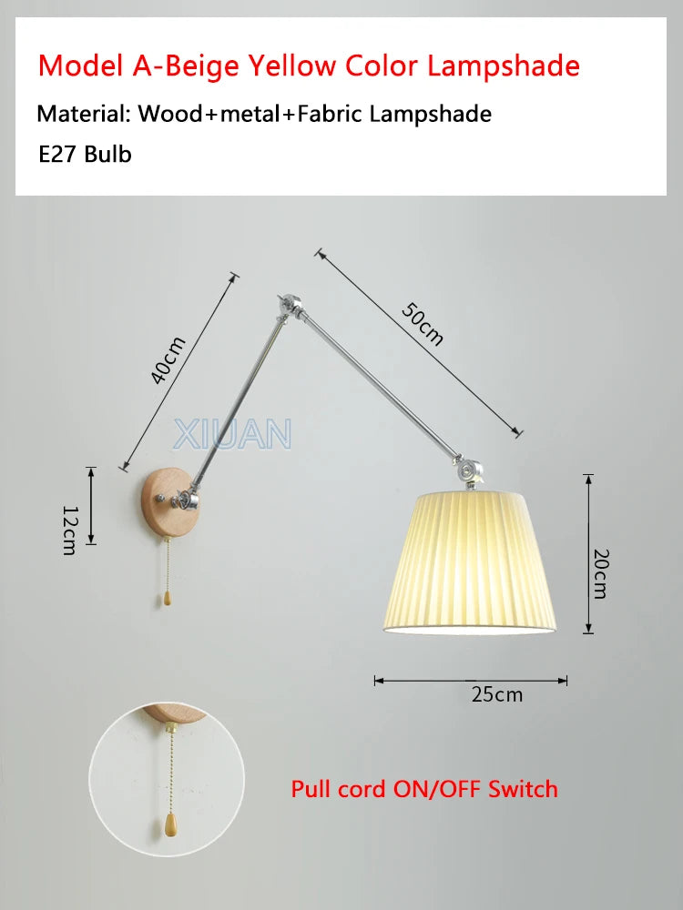 Nordic Shiftable Rocker Arm Wall Lamps Fabric Lampshade Dining Table Wall Light for Bedside Study Reading Lighting ON/OFF Switch - vue 14 sur 14