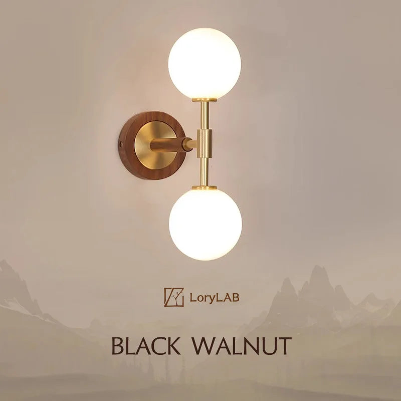Walnut Wood Glass Sphere Brass, Wabi-sabi Simple Modern Vintage style, Wall Sconce lighting for Bedroom, Bedside, Dining Room - vue 1 sur 8