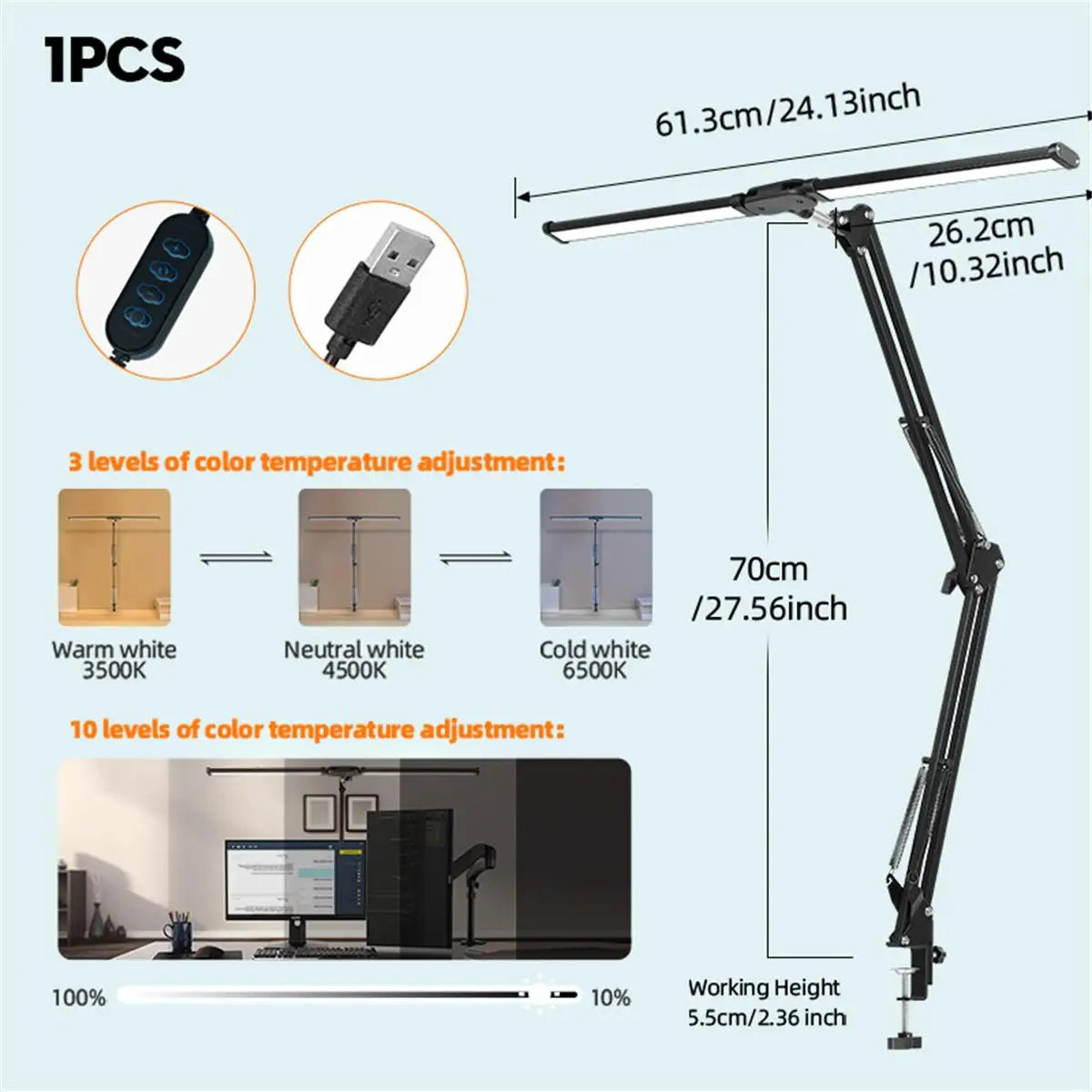 lampe de bureau à double tête à pince led adjustable