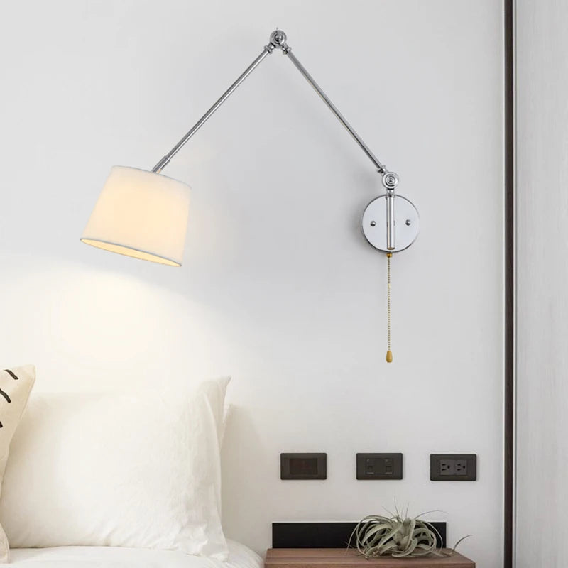 Luxury Chrome Wall Lamp Swing Long Rocker Arm Wall Light LED E27 Adjustable Joint Fabric Sconce Reading Wall Lamps with Switch - vue 4 sur 7