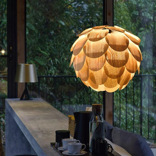 lustre ananas original en placage de bois pour hôtels bars et restaurants - vue 2 sur 10