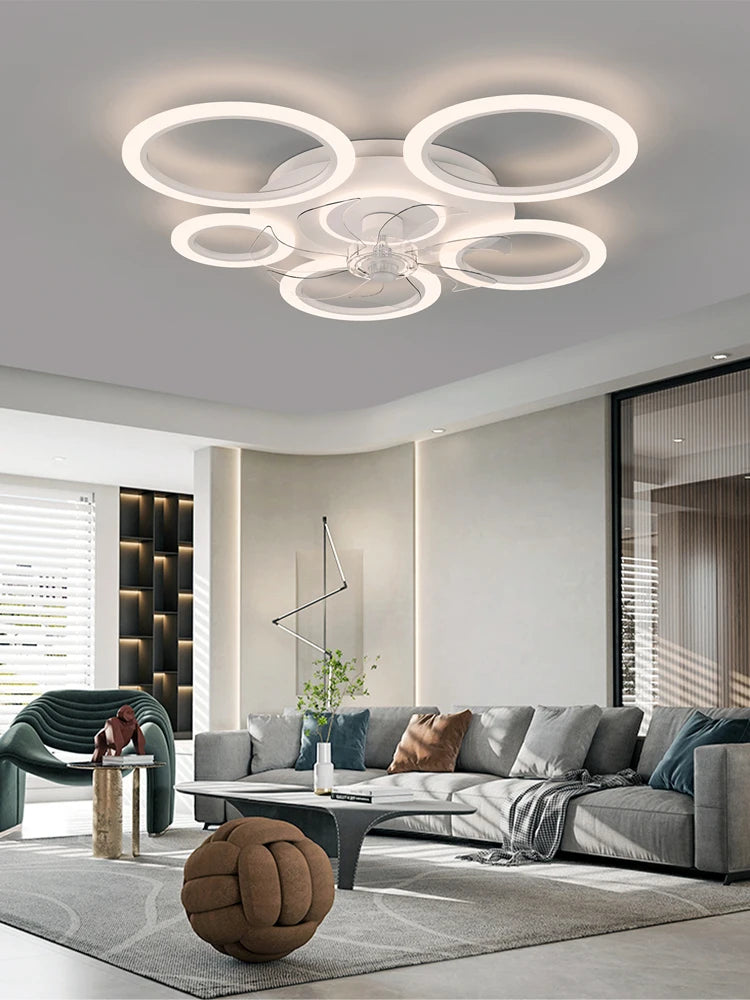Modern white minimum circular fan light, simple living room ceiling fan light, intelligent control ceiling fan light - vue 5 sur 8
