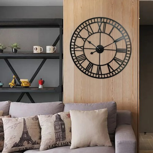 horloge murale rétro en fer noir moderne chiffres romains décorative - vue 2 sur 8