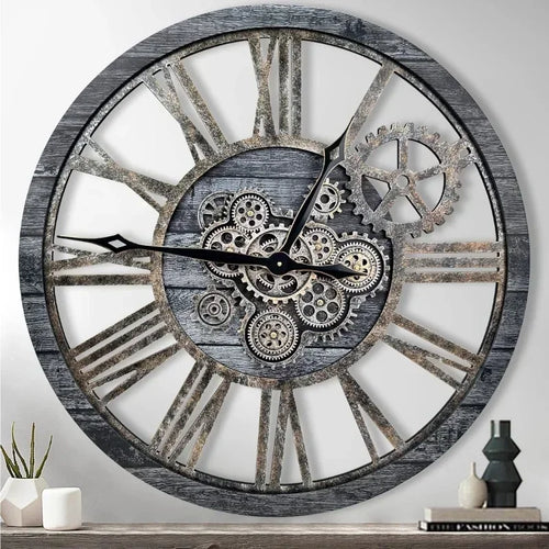 horloge murale en bois style rétro avec engrenages mobiles décorative - vue 2 sur 7