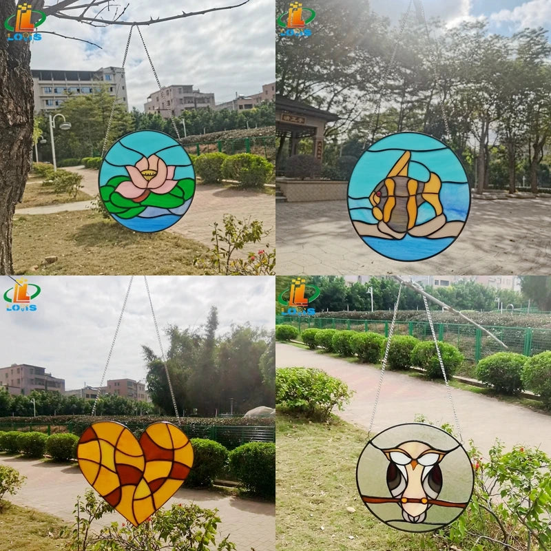 vitrail rond lotus décoratif en forme de coeur poisson tropical - vue 1 sur 11