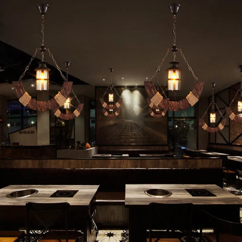 lustre rétro en bois style industriel pour café et restaurant - vue 4 sur 24