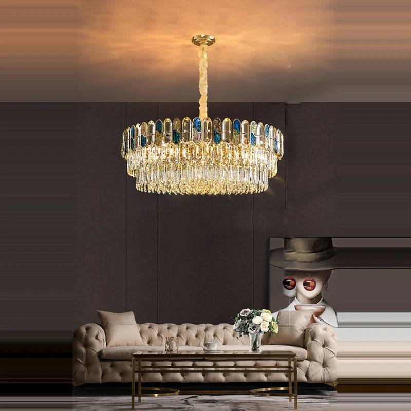 plafonnier led art déco en cristal doré et acier inoxydable - vue 6 sur 18