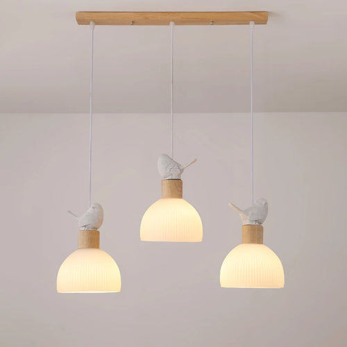 lustre led en bois avec abat-jour en verre blanc - vue 2 sur 8