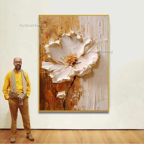 Tableau peinture à l'huile épaisse fleurs blanches abstraites décoration murale luxe - vue 10 sur 11